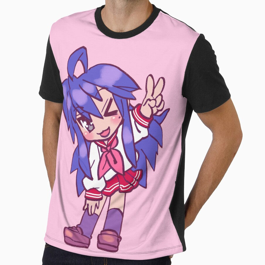 I draw bright pink chibi izumi konata doing a peace sign / lucky star by RansRoom