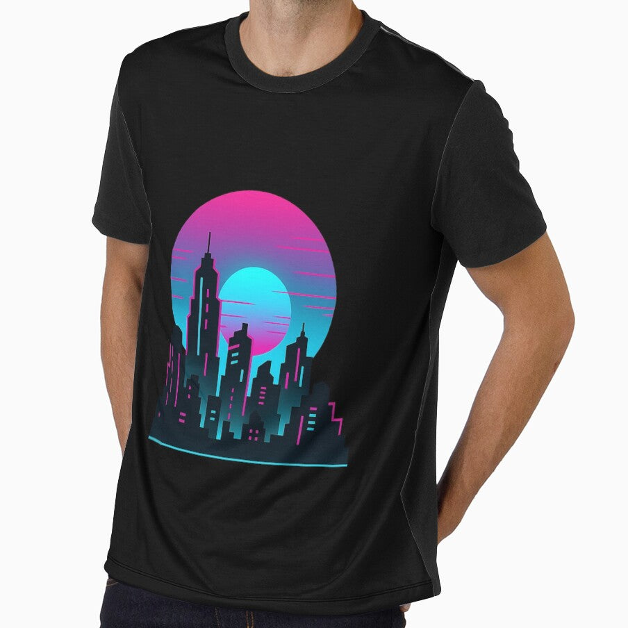 Neon Sunset Skyline – Retro Cyberpunk City Silhouette by AddictiveDesign