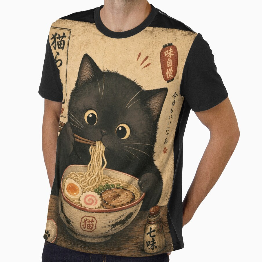 Chubby Black Cat Eating Ramen Again by merchxwear