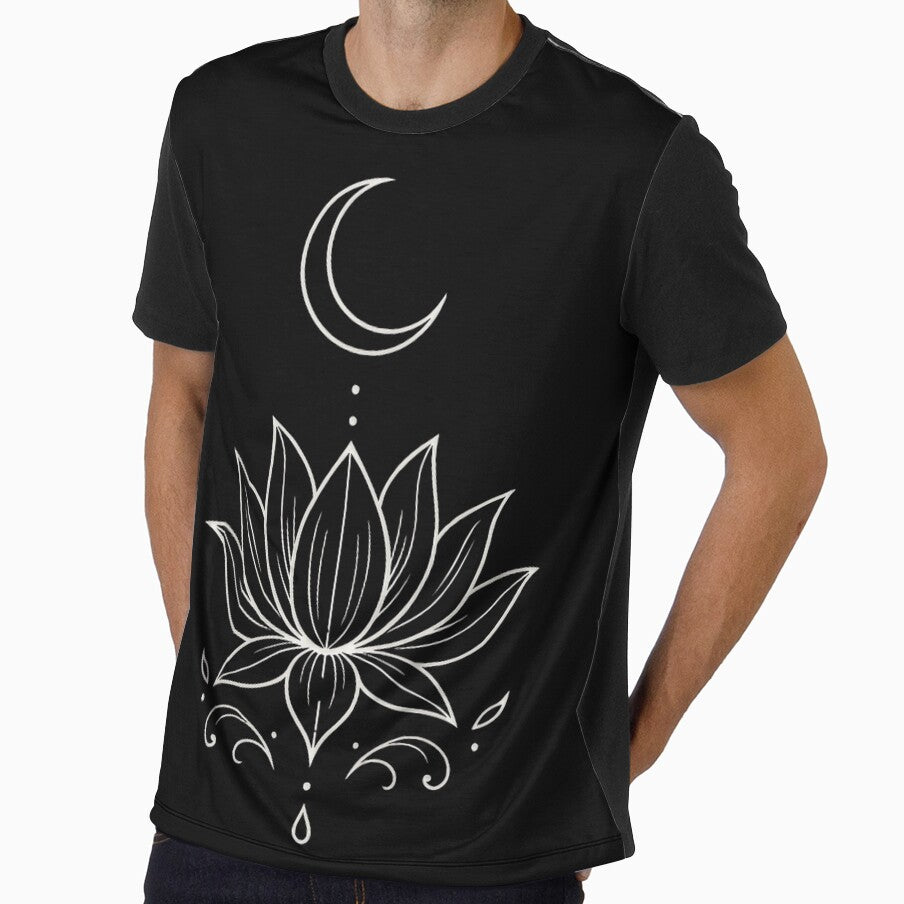 Moon Lotus Line Art – Minimalist Spiritual Flower with Crescent Moon by Mouraludia