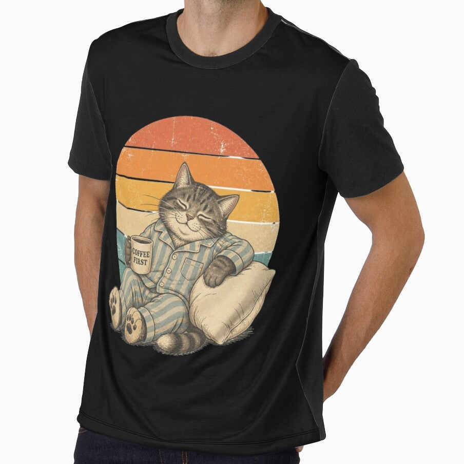 Copy of Copy of Copy of Coffee First Sleepy Cat Vintage Retro Pajama Design | Cute Lazy Cat Lover Gift by Zenvique Art