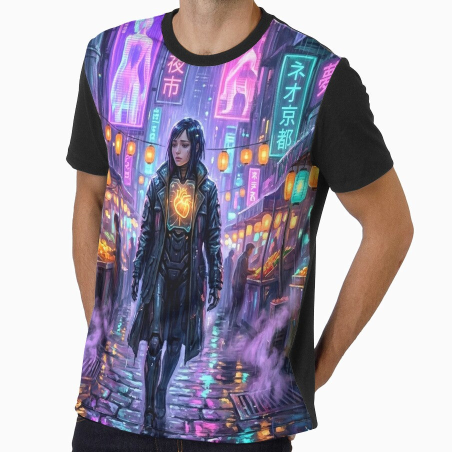 Cyberpunk Android Neon Rain Market Night Art Print by MystArt1