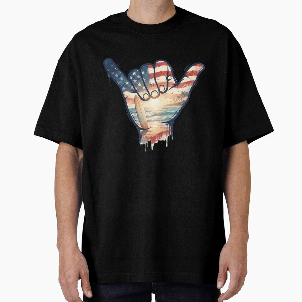 USA Shaka American Flag Surf Beach Sunset by MythicCotton