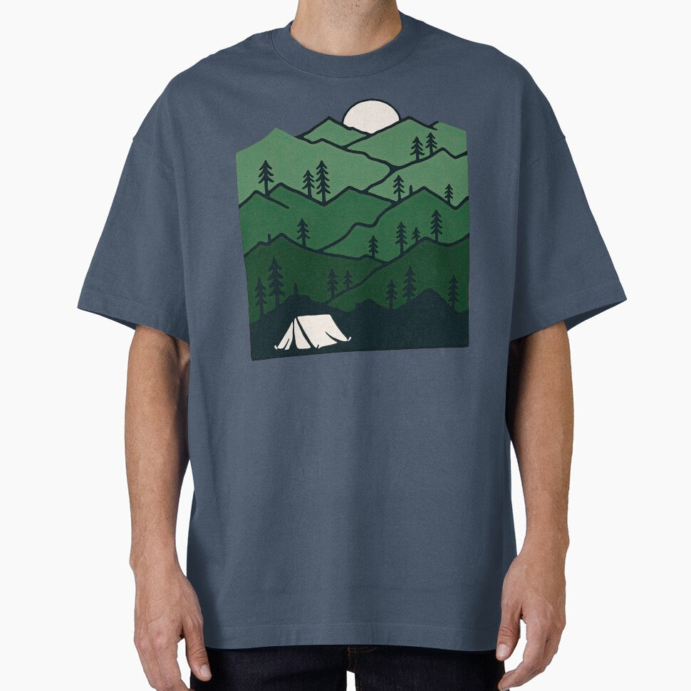 Layered Green Mountains and Tent in Forest Moonlight by ArtfulWeave