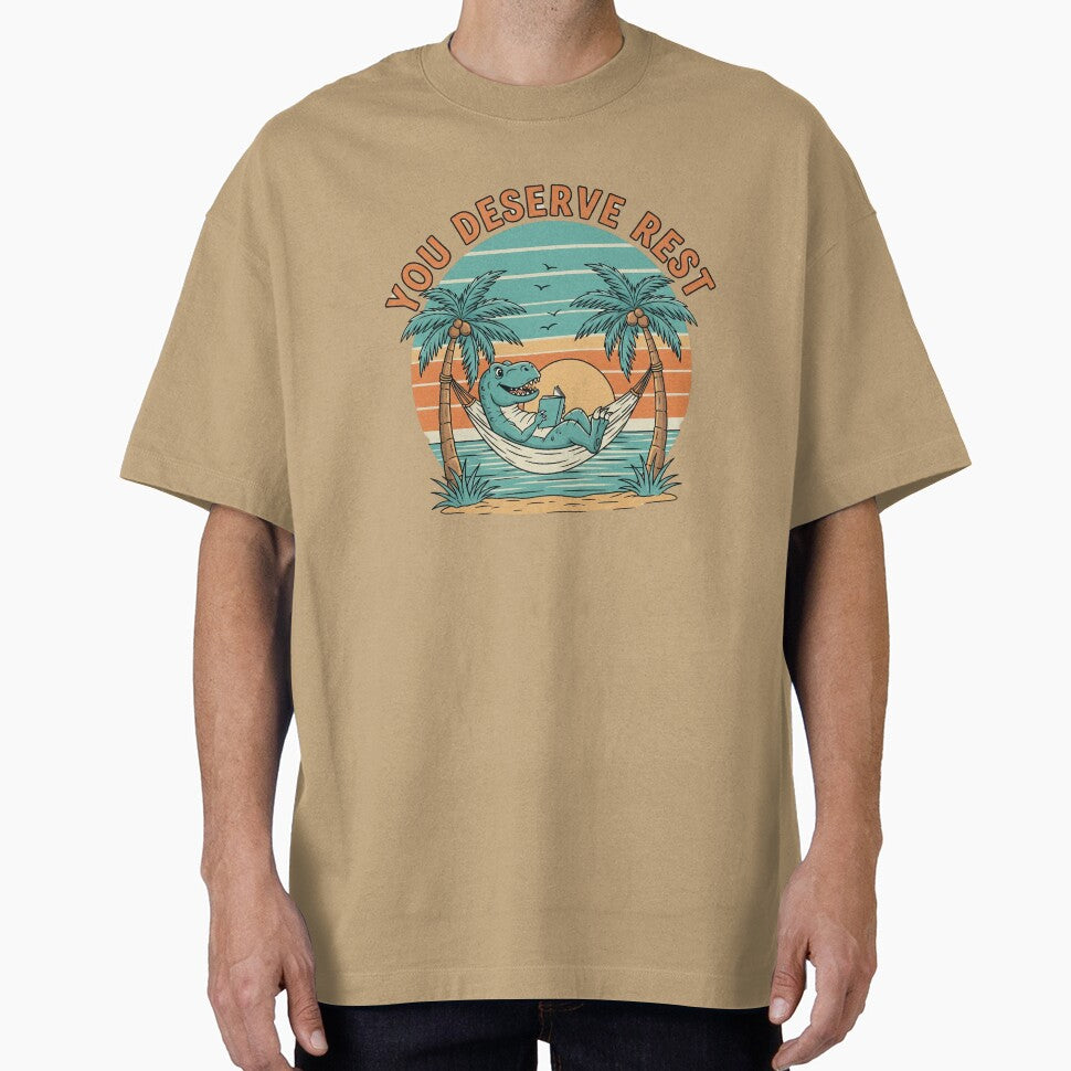 YOU DESERVE REST T-Rex cartoon is relaxing, sunset on the beach retro vintage, summer vibe t-shirt by HomeFarShop