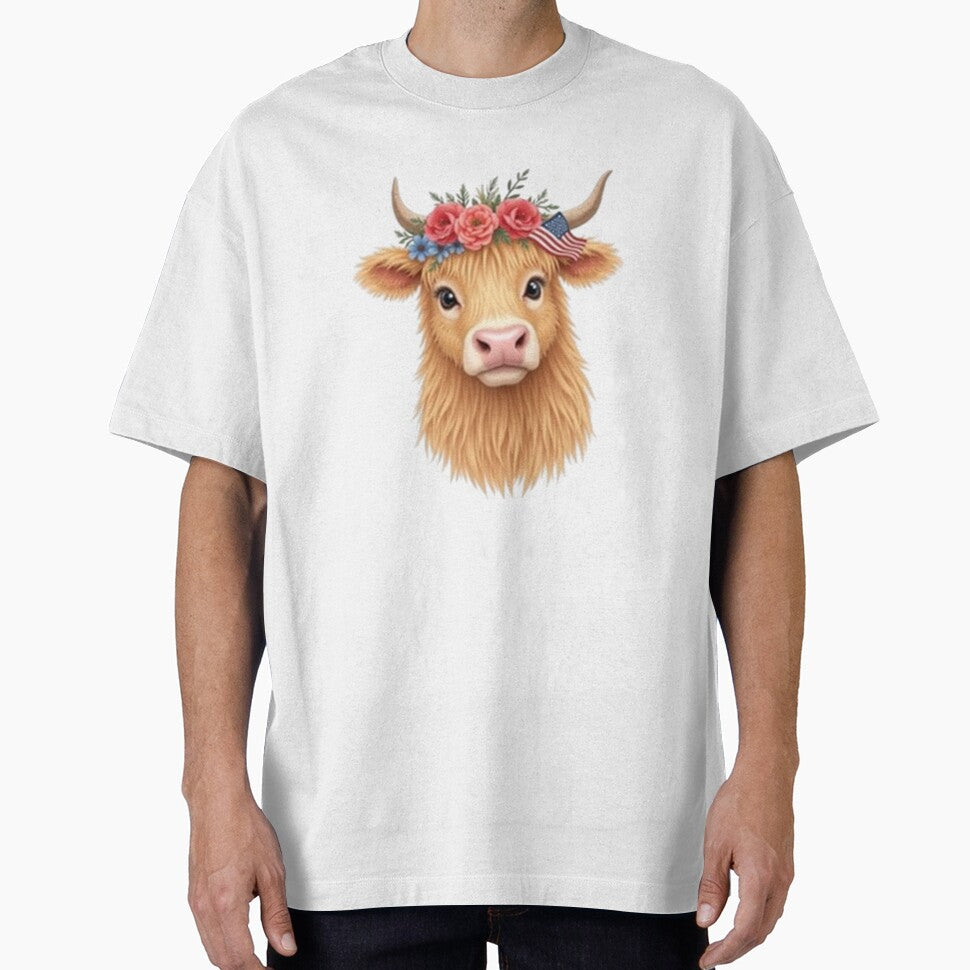 Cute Patriotic Highland Cow with Floral Crown and USA Flag by VeloraCrafts