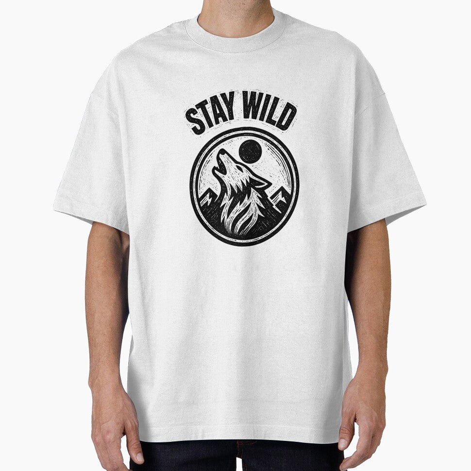 Stay Wild Wolf Badge Design – Howling Wolf Mountain Adventure Black and White by VinciLab