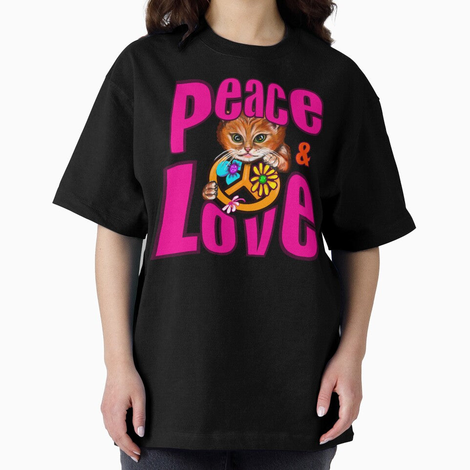 Peace & Love Cat – Retro 70s Pink Floral Aesthetic with Cute Kitten by Artonmytee