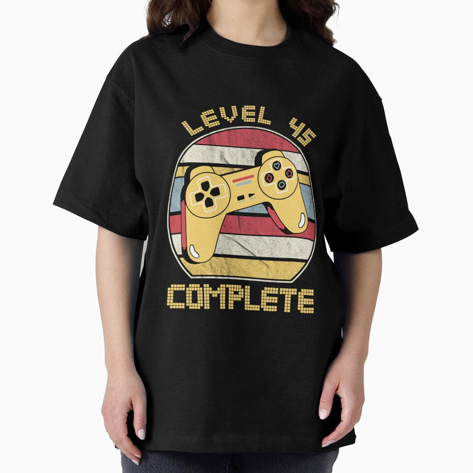 Level 45 complete, video gamers ,45th anniversary, 45th birthday, funny gaming pun,celebration, vintage,70's palette, retro controller, by allycat57