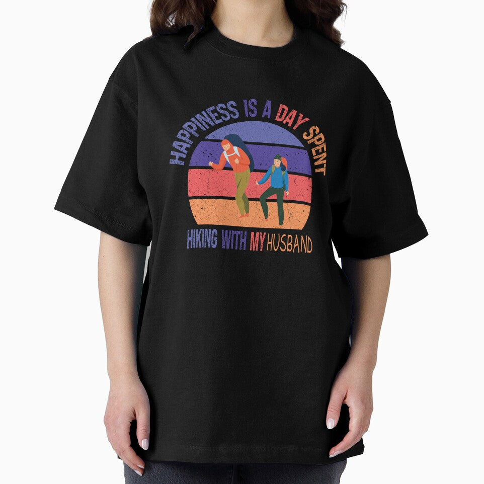 Happiness Is A Day Spent Hiking With My Husband Funny Colorful Retro Vintage Sunset Distressed Hiking Lovers Gift by pedrored369