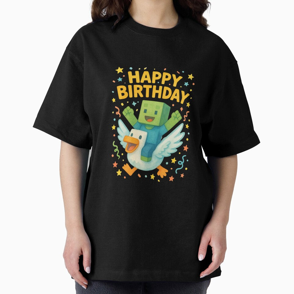 Cute Gamer Birthday Illustration — Happy Birthday Block Character Riding a Duck Watercolor Art by Colorful-Garden