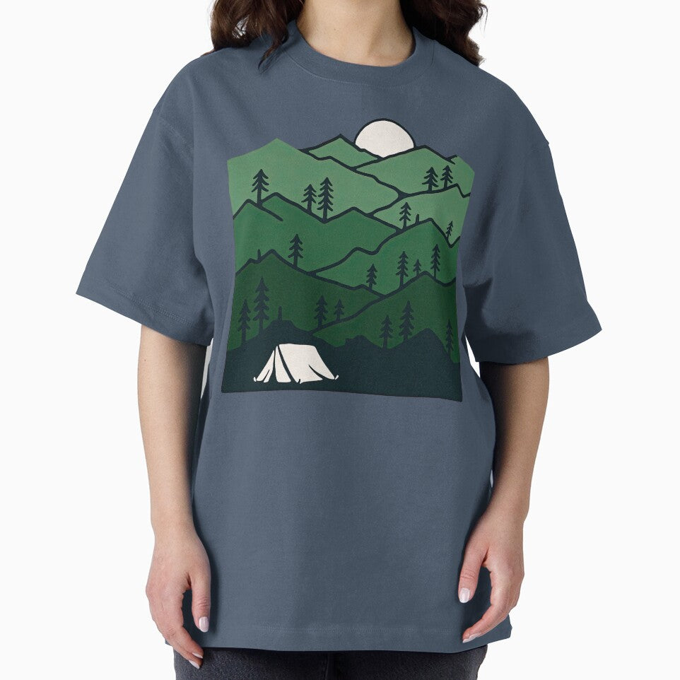 Layered Green Mountains and Tent in Forest Moonlight by ArtfulWeave