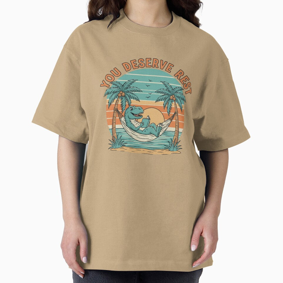 YOU DESERVE REST T-Rex cartoon is relaxing, sunset on the beach retro vintage, summer vibe t-shirt by HomeFarShop