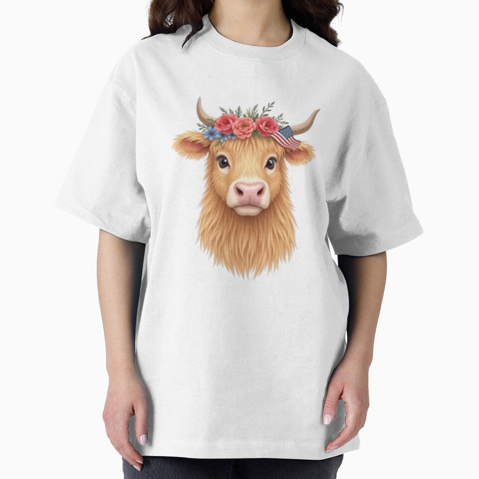 Cute Patriotic Highland Cow with Floral Crown and USA Flag by VeloraCrafts