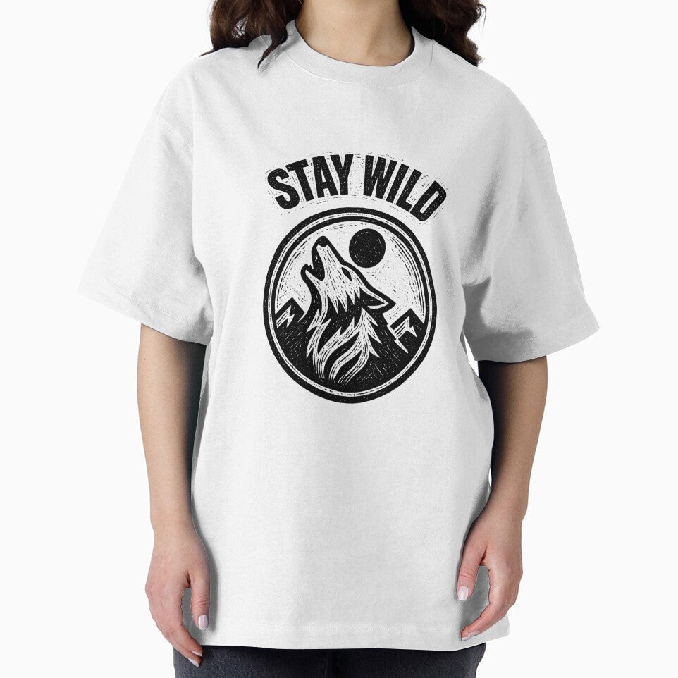 Stay Wild Wolf Badge Design – Howling Wolf Mountain Adventure Black and White by VinciLab