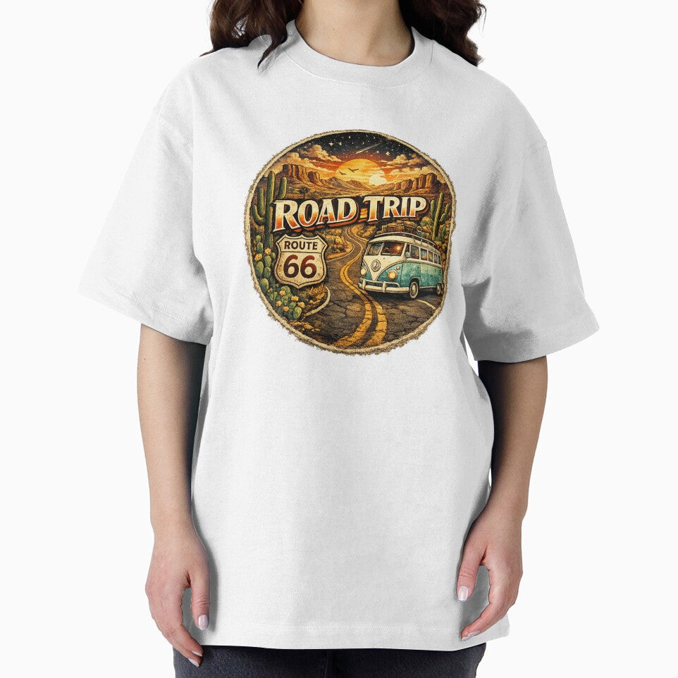 Retro Route 66 Road Trip Van Art – Vintage Desert Sunset Adventure Aesthetic StickerAesthetic Sticker by EverMuse_0_0