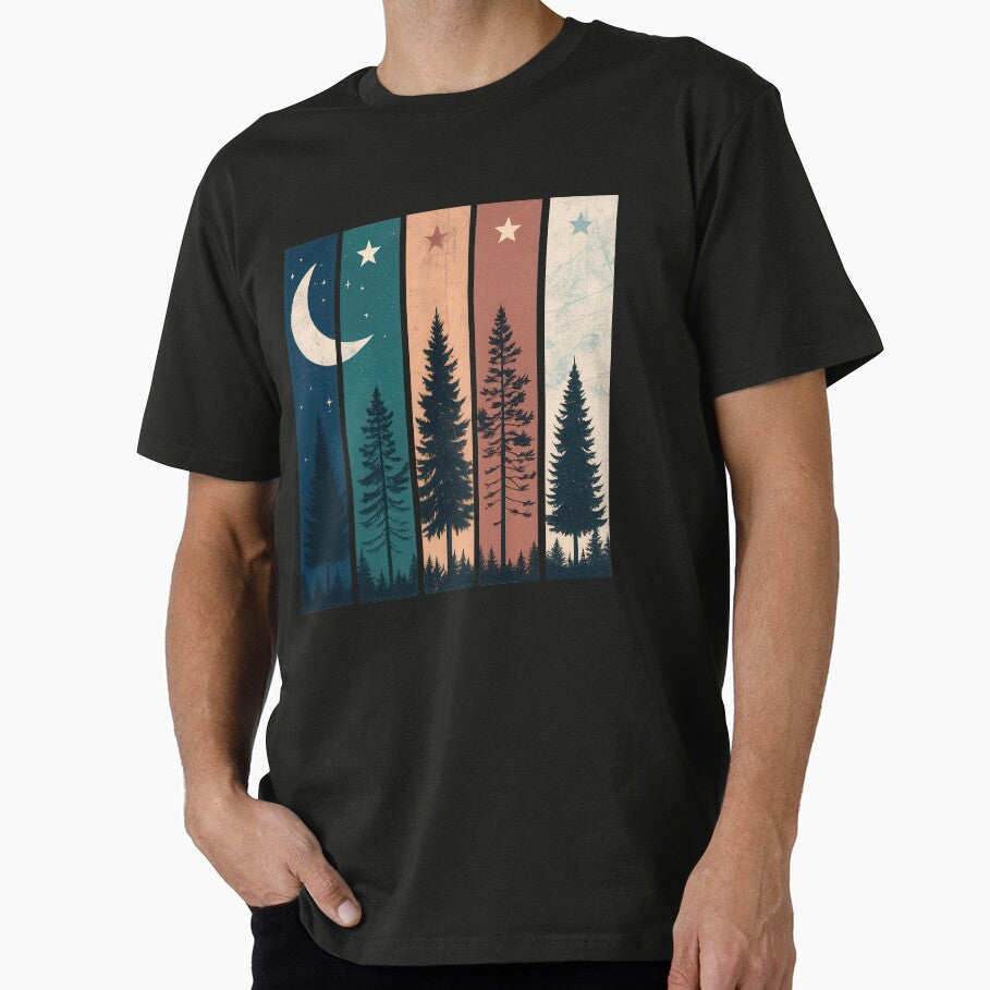 Celestial Forest Silhouettes – Moon, Stars & Trees | Retro Minimalist Wilderness Design by NoctaHike