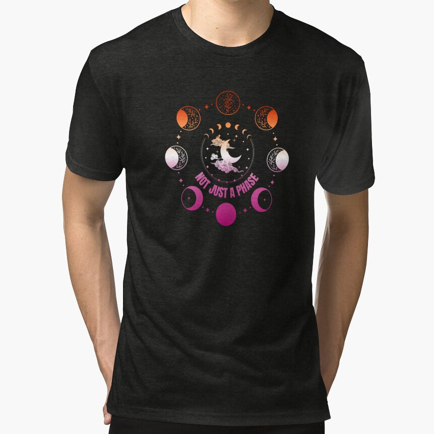 Moon Phases, Not Just A Phase graphic, Lesbian pride flag graphic, sun moon and stars, pride graphic, Astronomy, night sky, star gazing, Full Moon, Crescent moon, outdoors, nature, by PrideBeProud